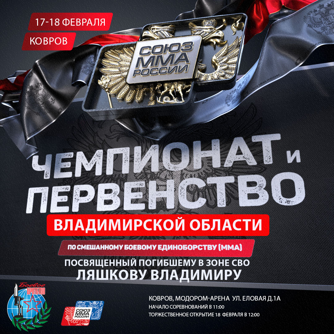 Первенство Владимирской области среди юношей 12-13, 14-15, 16-17 лет и  Чемпионата Владимирской области среди мужчин 18 лет и старше  по смешанному боевому единоборству (ММА) 2024 посвященный памяти  разведчика СВО Ляшкова Владимира